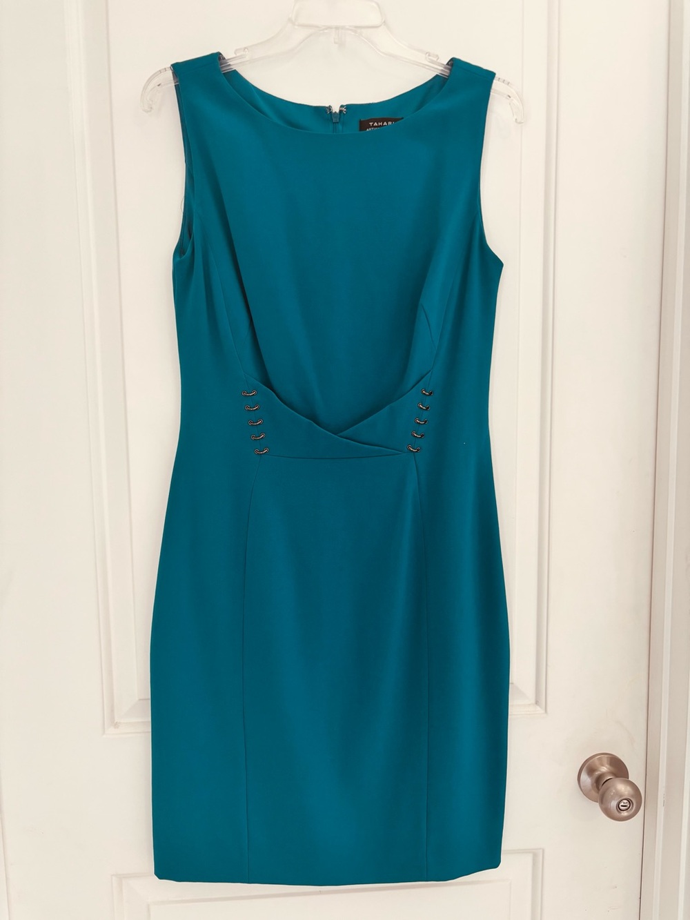 Tahari Teal Sleeveless Sheath Dress Boat Neckline